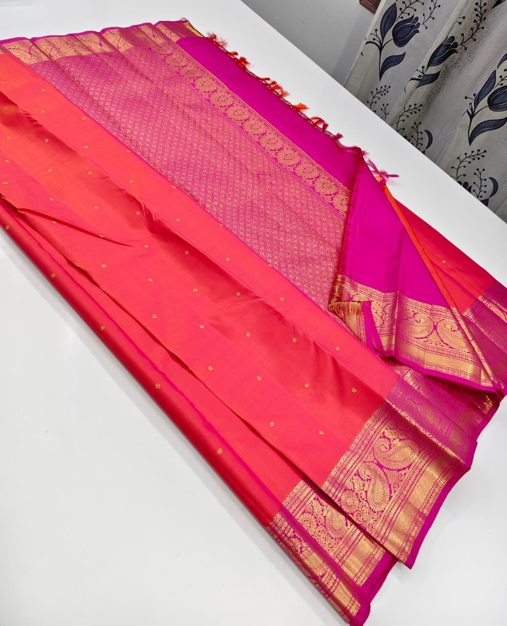 Orange with Pink Zari Border Paithani Silk Saree